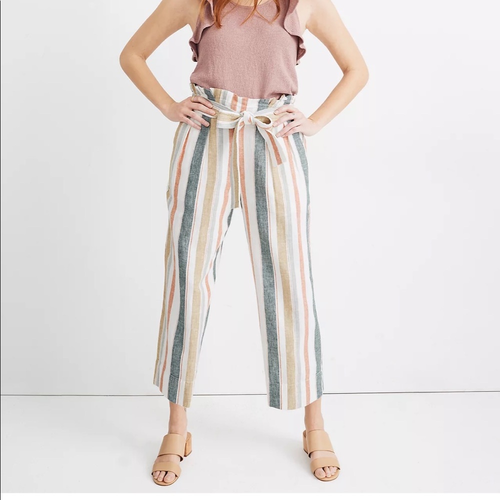 Medium Madewell Linen Tie-Waist Huston Pull-On Crop Pants in Stripe - never worn